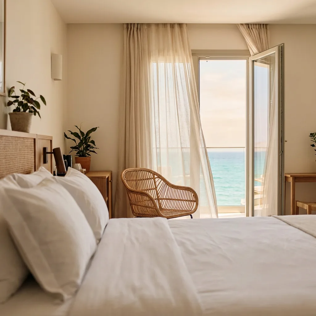 Example post: a sunlit hotel room facing the sea