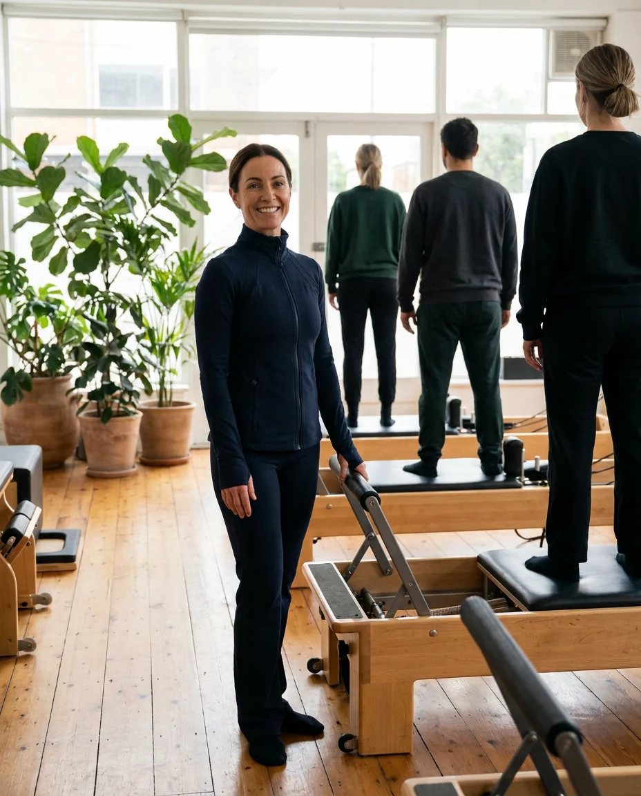 Example post: a bright pilates studio with an instructor