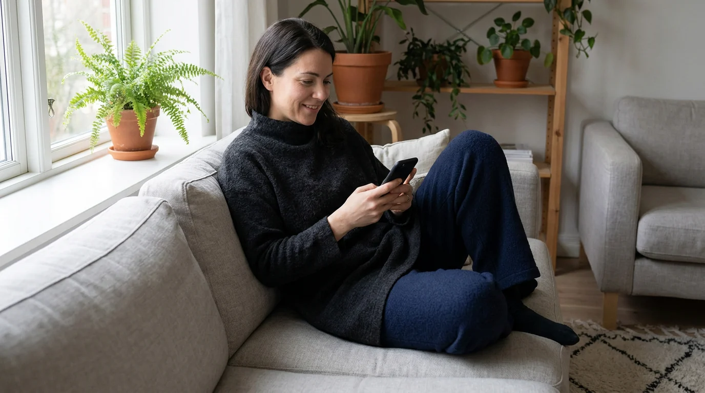 A woman relaxing on a sofa, looking at her phone